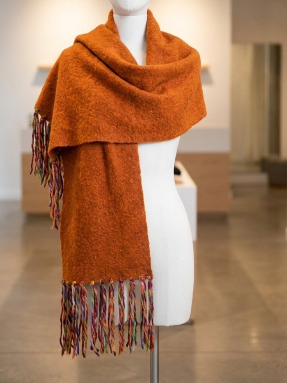 Burnt Orange Bouclé Fringe Scarf | Cozy Textured Winter Wrap